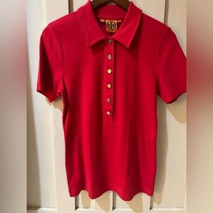 Tory Burch 100% Cotton Polo - Red with Gold Detailed Buttons - Large